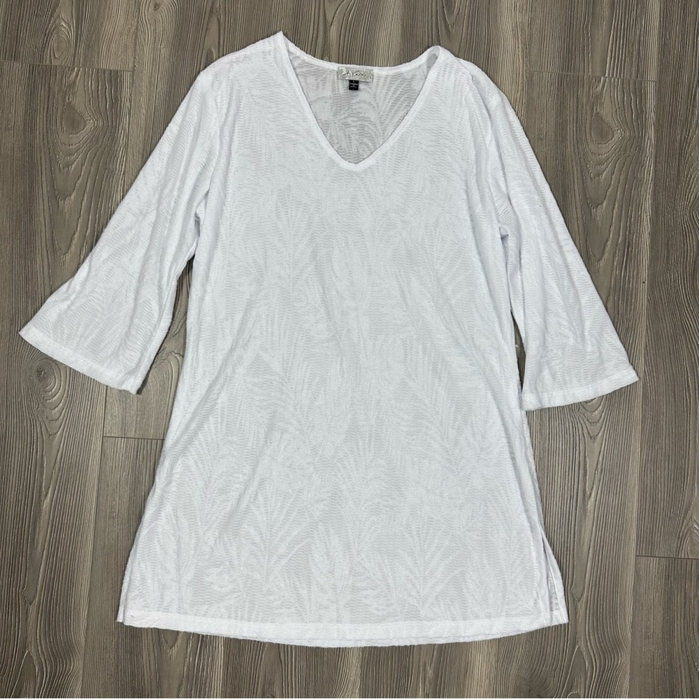 J Valdi White Sheer Leaf Print Tunic Swim Cover Up Size L